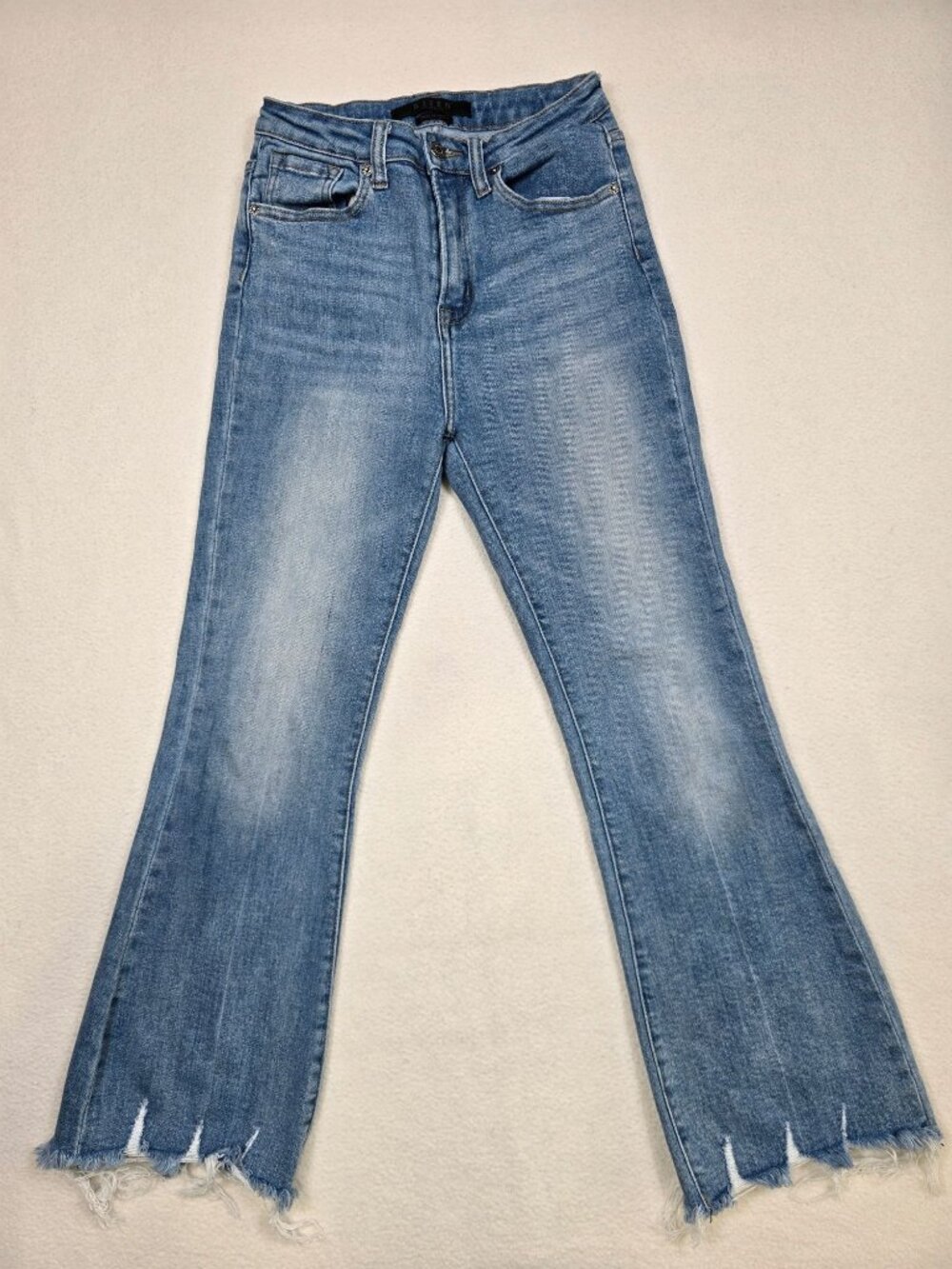 Risen High-Waist Light Blue Flared Denim Jeans Frayed Hems Size 1 Waist 25
